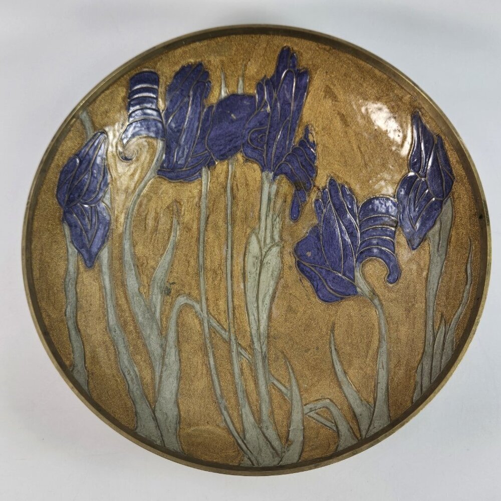 Vintage Enameled Brass Shallow Dish Bowl Iris Flowers - Picture 2 of 11